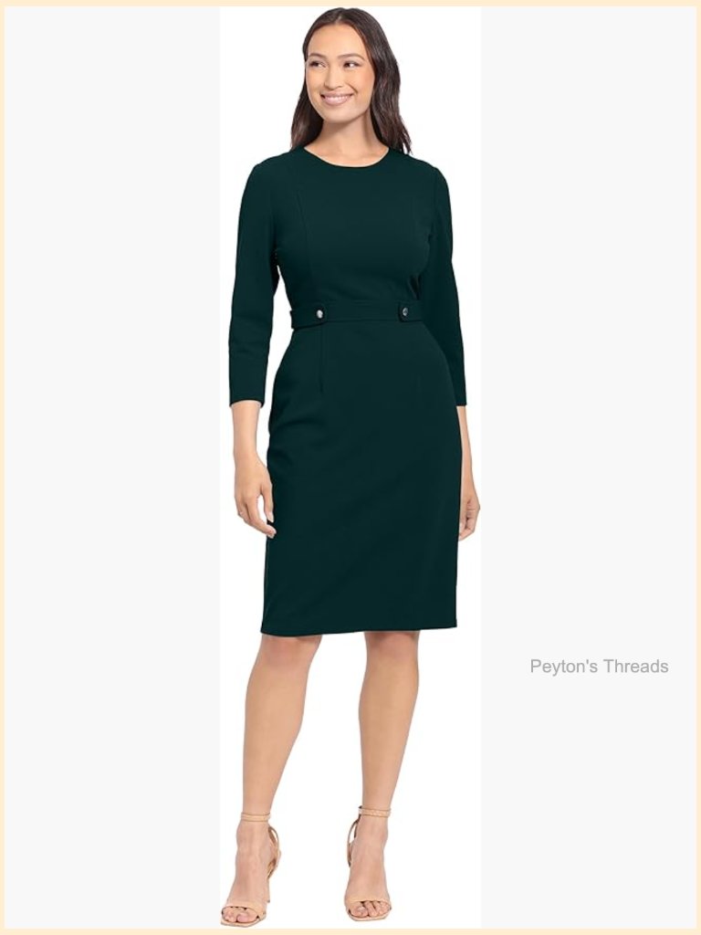 Work Office Sheath Dress With Button Waist Detail, 3/4 Sleeves, Knee-Length